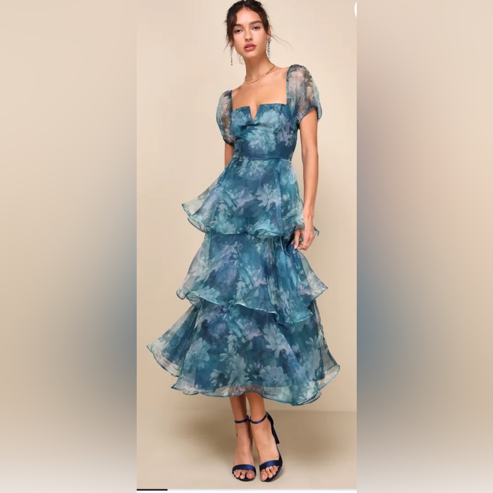 Lulus Darling Vision Teal Floral Organza Puff Sleeve Tiered Midi Dress